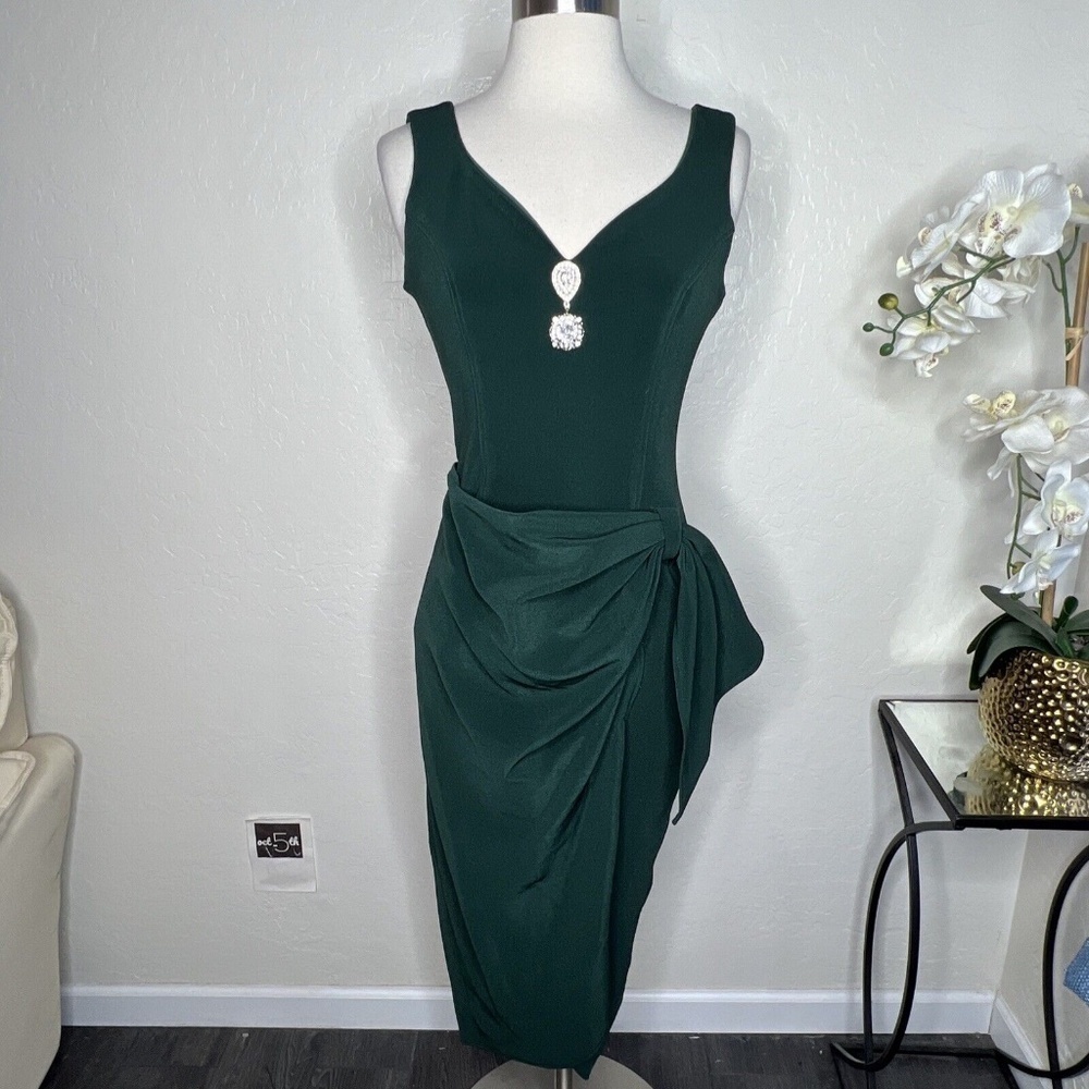 Vintage Betsy & Adam Ruched/Rhinestone Green slit front EveningWear Dress S/M